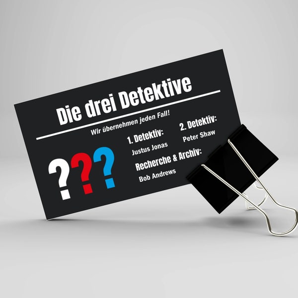 Digitale "Die drei Fragezeichen" Visitenkarte, Business Karte zum Download, Digitaler Fanmerch, Visitenkarte der drei ??? zum Ausdrucken