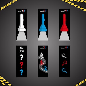 May include: Six black and white cards with the text "Die drei ???" in red and blue. The cards feature illustrations of a flashlight, a magnifying glass, and a cyclist on a winding road.