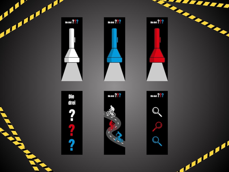 May include: Six black and white cards with the text "Die drei ???" in red and blue. The cards feature illustrations of a flashlight, a magnifying glass, and a cyclist on a winding road.