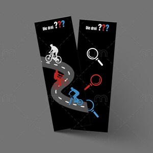 May include: Two black bookmarks with white text that reads "Die drei ???" and a question mark. One bookmark features a black and white illustration of a winding road with three cyclists. The other bookmark features three magnifying glasses in white, red, and blue.