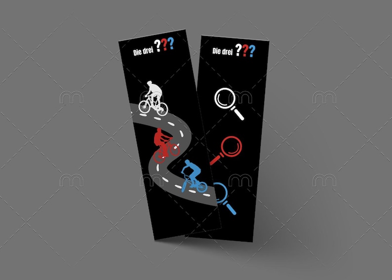 May include: Two black bookmarks with white text that reads "Die drei ???" and a question mark. One bookmark features a black and white illustration of a winding road with three cyclists. The other bookmark features three magnifying glasses in white, red, and blue.