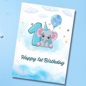 Carte de premier anniversaire, première carte d'anniversaire sur le thème de l'éléphant, première carte d'anniversaire pour garçon.