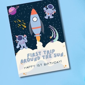 Carte de premier anniversaire pour garçon, carte de 1er anniversaire sur le thème de l'espace, carte de premier voyage autour du soleil pour garçon, carte de premier anniversaire de garçon