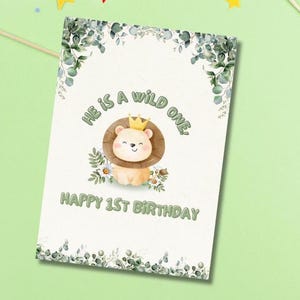 Carte de premier anniversaire pour garçon, carte d'anniversaire Wil One, carte d'anniversaire Lion pour garçon, carte de premier anniversaire sur le thème Safari.