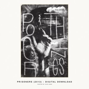 May include: A black and white movie poster featuring a large hand reaching upward, overlaid with the text POOR THINGS and A FILM BY YORGOS LANTHIMOS. The background shows a silhouette of a person walking on a bridge structure under a cloud.
