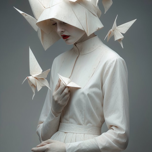 Mysterious white figure. Origami art creation. Photography. Contemporary art. Minimalistic art. Interior Design. Digital art 600dpi.