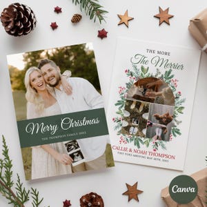 Tarjeta de anuncio de embarazo de Navidad, tarjeta de anuncio de nacimiento de niña o niño, plantilla de tarjeta fotográfica de anuncio de embarazo "Cuantos más, mejor"