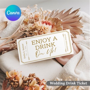 Cupón de bebida para boda moderno, cupón imprimible, ficha de bebida gratis para boda minimalista, plantilla editable de Canva, descarga instantánea