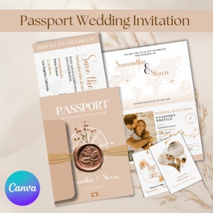 旅行先での結婚式招待状、搭乗券招待状、印刷可能なパスポート結婚式招待状、旅行テーマの結婚式、テンプレートのダウンロード