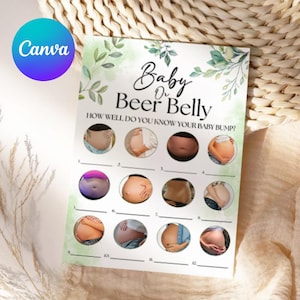 Baby shower beer or baby game, Printable baby shower baby bump or beer belly, Editable eucalyptus Guessing Game, Canva Template