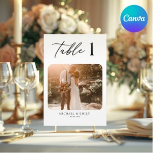 Cartões de números de mesa de casamento, números de mesa de fotos de casamento modernos, números de mesa de recepção, modelo de número de mesa de casamento Canva