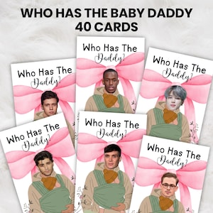 Pink Bow, chi ha il papà del bambino?, gioco stampabile per baby shower, gioco gratta e vinci "Trova il papà", biglietti gratta e vinci modificabili di celebrità, modello Canva