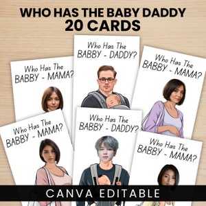 Qui a le papa, jeu imprimable baby shower, jeu à gratter Find Daddy, cartes à gratter modifiables célébrités, modèle canva