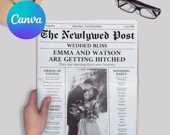Folded Printable Wedding Newspaper Program Canva Template, Wedding Newspaper Template Foldable, Wedding Newsletter, Wedding Program Editable
