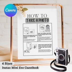 Instax Mini Evo Photo Guestbook, Instax Mini Evo Camera Instructions Sign, How To Load A Film, How To Take A Photo
