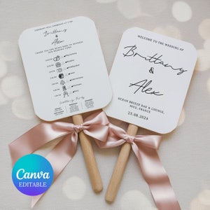 結婚式プログラムファン、印刷可能な結婚式タイムラインプログラムファン、結婚式セレモニープログラムファンCanvaテンプレート、即時ダウンロード