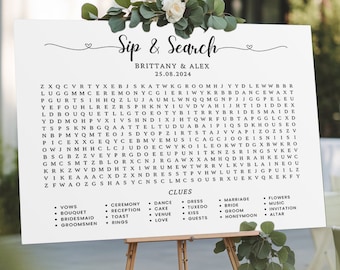 Wedding Word Search, Minimalist Sip And Search Puzzle For Wedding, Printable Wedding Word Search, Wedding Guest Game, Canva Editable