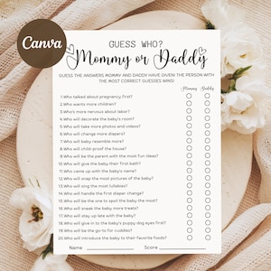 Guess Who Mommy or Daddy Game, Baby Shower Party Game, Editable Templates, Mommy Or Daddy Game,Printables, who said it, canva templates