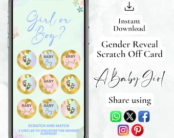 GIRL Instant download Gender Reveal Digital Scratch card digital announcement | Email Text Social Media Teddy Bear Balloons