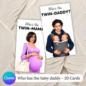 Qui a le papa, jeu imprimable baby shower, jeu à gratter Find Daddy, cartes à gratter modifiables célébrités, modèle canva