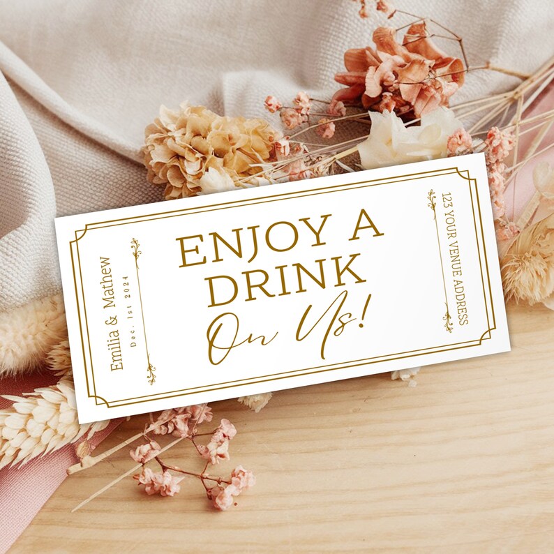 Modern Wedding Drink Ticket, Printable Wedding Drink Voucher, Minimal Wedding Free Drink Token ...