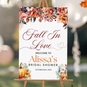 Fall In Love Bridal Shower Welcome Sign, Autumn Bridal Shower Sign, Boho Floral Fall in Love Wedding Shower Sign Posters, Digital Download
