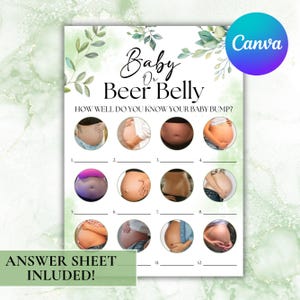 Baby shower beer or baby game, Printable baby shower baby bump or beer belly, Editable eucalyptus Guessing Game, Canva Template