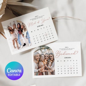 Brautjungfer Vorschlag Karte, werden Sie meine Brautjungfer Karte sein, bearbeitbarer Brautjungfer Save The Date Kalender, druckbare Canva Vorlage