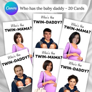 Qui a le papa, jeu imprimable baby shower, jeu à gratter Find Daddy, cartes à gratter modifiables célébrités, modèle canva