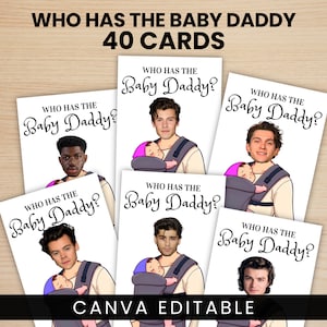Qui a le papa, jeu imprimable baby shower, jeu à gratter Find Daddy, cartes à gratter modifiables célébrités, modèle canva