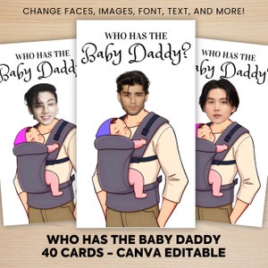 ¿Quién tiene al papá del bebé?, juego imprimible para baby shower, juego para raspar Find Daddy, tarjetas para raspar de famosos editables, plantilla de Canva
