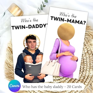 Qui a le papa, jeu imprimable baby shower, jeu à gratter Find Daddy, cartes à gratter modifiables célébrités, modèle canva