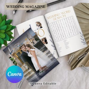 Wedding Day Magazine, Printable 80 Pages Wedding Magazine, Infographic Magazine Design, Fun Facts, Seating Chart, Editable Canva Template