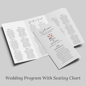 Trifold Wedding Program Template With Wedding Seating Chart Template, Infographic Wedding Program, Editable Wedding Itinerary,Canva Template