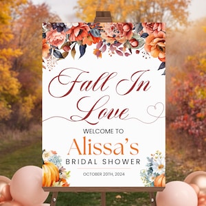 Fall In Love Bridal Shower Welcome Sign, Autumn Bridal Shower Sign, Boho Floral Fall in Love Wedding Shower Sign Posters, Digital Download