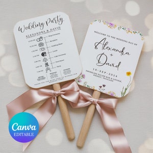 結婚式プログラムファン、印刷可能な結婚式タイムラインプログラムファン、結婚式セレモニープログラムファンCanvaテンプレート、即時ダウンロード