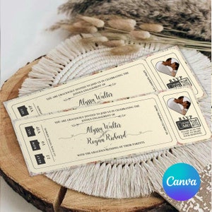 Verlobungsticket-Vorlage, Vintage-Hochzeits-Verlobungsticket, druckbare Hochzeitseinladungskarte, Canva bearbeitbar, Sofort-Download