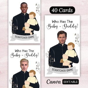 Qui a le papa, jeu imprimable baby shower, jeu à gratter Find Daddy, cartes à gratter modifiables célébrités, modèle canva