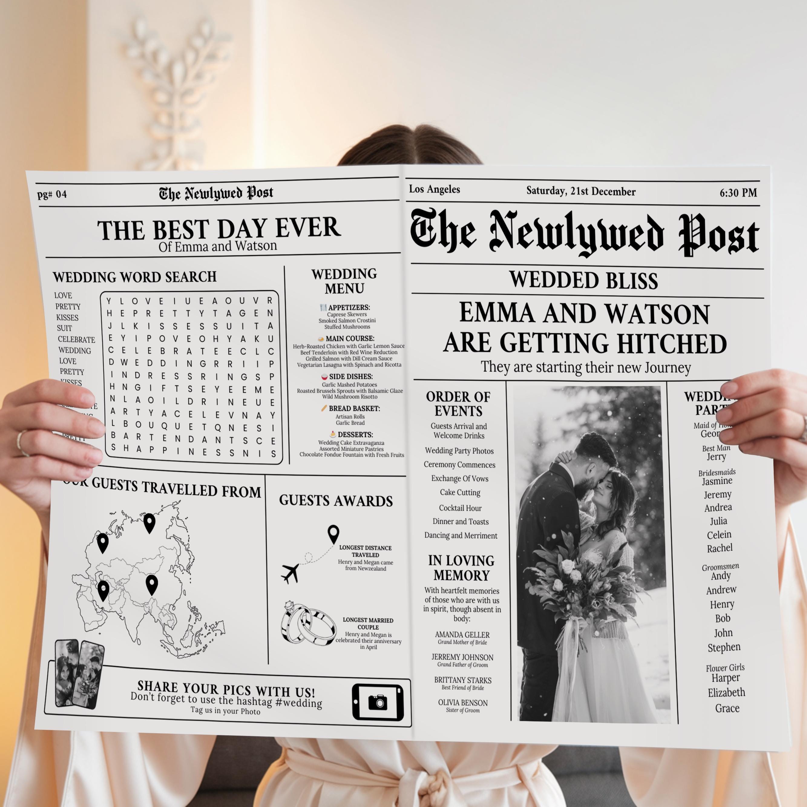 Newspaper Wedding Program, Wedding Newspaper Template with Photo, Wedding Infographic, Folded Wedding Day Program, Crossword, Newlywed Times