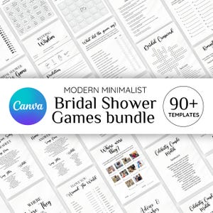 90+ Brautdusche Spiele Bundle, minimalistische Bachelorette Party Spiele, benutzerdefinierte Brautdusche Spiele Paket, vollständig bearbeitbare Canva-Vorlage