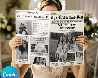 Bridesmaid Proposal Newspaper, Editable Newspaper Template, Will You Be My Bridesmaid Newspaper Flower Canva Template Instant Download