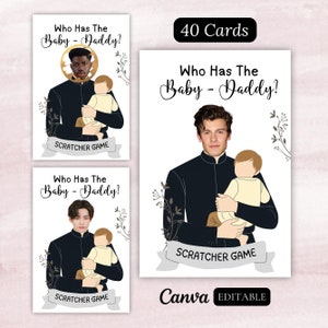 ¿Quién tiene al papá del bebé?, juego imprimible para baby shower, juego para raspar Find Daddy, tarjetas para raspar de famosos editables, plantilla de Canva