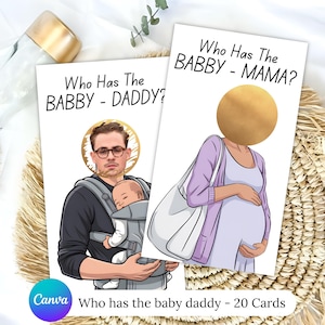 Qui a le papa, jeu imprimable baby shower, jeu à gratter Find Daddy, cartes à gratter modifiables célébrités, modèle canva