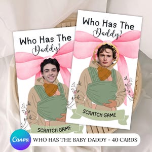 Pink Bow, chi ha il papà del bambino?, gioco stampabile per baby shower, gioco gratta e vinci "Trova il papà", biglietti gratta e vinci modificabili di celebrità, modello Canva
