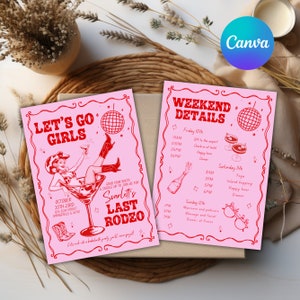 Last Rodeo Bachelorette Itinerary, Nashville Bachelorette itinerary Template, Disco Cowgirl Nashville Weekend Planner, Last Rodeo Canva