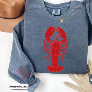 Personalized Coastal Lobster Crewneck Sweatshirt, Custom Embroidered Text, Beach Sweater, Maine New England Style Preppy Wedding Gift