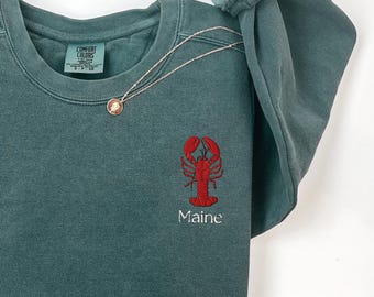 Embroidered Maine Lobster Crewneck Sweatshirt, Coastal Beach Sweater, Maine Vacation Sweatshirt, Fisherman Aesthetic, New England Pullover