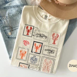 Maine Lobster Stamps Unisex T-shirt, Vintage Distressed Print Tee, Comfort Colors Graphic Shirt,Coastal Nautical Fisherman Style, French