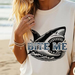 Bite Me Vintage Shark Graphic T-Shirt | Comfort Colors Coastal Distressed Tee | New England Animal Shirt | Shark Lover Gift | Oversized Tee