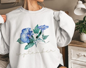 September Geburt Blume Crewneck Sweatshirt, Morning Glory Sweatshirt, Geburtsmonat, Geschenk für sie, Pflanzenmutter, Garten, Blumen, Geburtstagsgeschenk